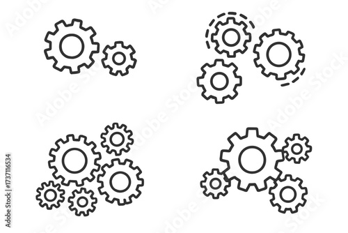 Gear and cogwheel icon set for mechanism and teamwork concepts. Line art cogs illustrate process, engineering, and system operations. Editable stroke vector for infographics.