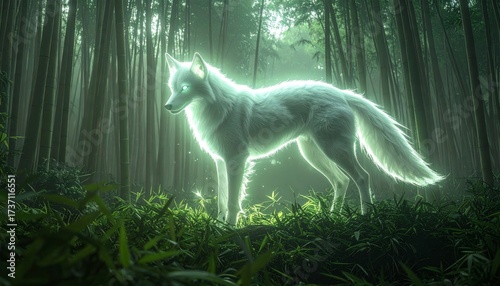 Dreamy Glowing Fox in Enchanted Bamboo Forest Digital Art