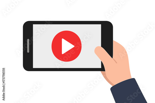 Play button on smartphone screen. Watching video on mobile phone. Hand holding device. Online streaming, media player, digital entertainment concept. Vector icon for web banner.