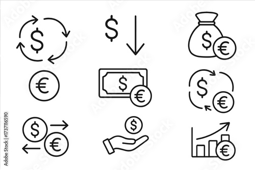 Money currency exchange line icon set. Dollar and Euro transfer, payment and cash flow symbols. Financial investment growth chart. Business banking outline vector pictogram.