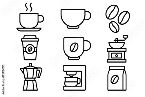 Coffee line icon set. Vector symbols collection of cup, bean, espresso, maker, grinder, moka pot. Minimal outline pictogram for cafe menu, drink. Editable stroke illustration.