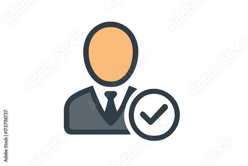 Business person icon with check mark symbol, professional user avatar with verification badge, trendy flat style vector illustration for website, app, UI design, corporate identity concept