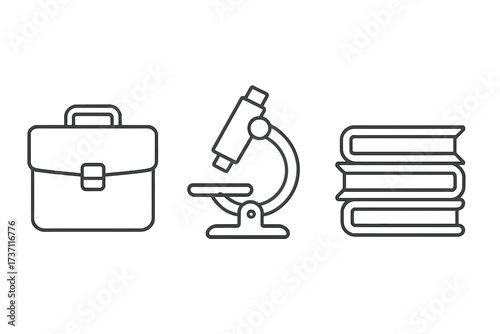 Work life balance and career development icon set. Briefcase for business, microscope for science research, books for education and knowledge. Simple thin line vector symbols.