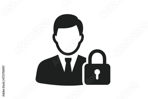 Businessman icon with secure lock symbol, professional user avatar, privacy protection concept, corporate identity design, modern flat style vector illustration for UI and logo