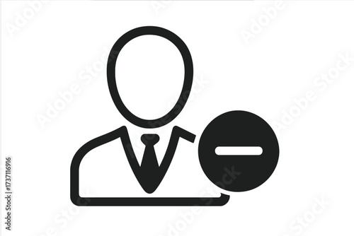 Business person silhouette with minus sign icon, professional user symbol, corporate employee avatar, office staff pictogram, simple flat vector for web design, app UI, logo isolated on white