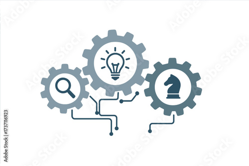 Business strategy and innovation process. Concept of research, creative idea, and strategic solution. Gears with lightbulb, magnifying glass, and chess knight icons.
