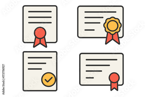 Certificate icon set. Diploma and award line icons. Graduation, achievement, and qualification symbol collection. Thin line vector for web and apps. Degree and license concept.