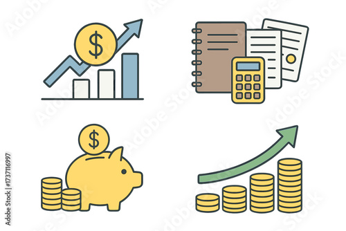 Return on investment concept. Finance consolidation and long term investment. Budget planning, savings account, income growth, refinancing vector icons. Financial profit graph.