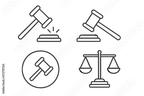 Judge gavel and scales of justice icon set. Law, legal and auction hammer symbol. Court, justice and verdict concept. Vector line art illustration for law firm or lawyer.