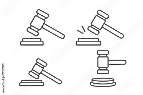 Judge gavel line icon set. Justice, law and auction hammer symbol. Court decision, verdict and legislation concept. Authority pictogram. Editable stroke vector illustration.