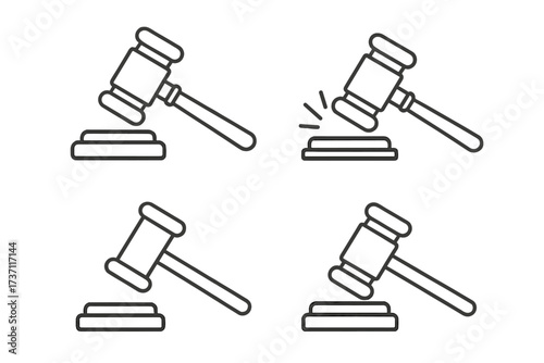 Judicial gavel outline sign collection. Judge hammer for court, law, and justice. Legal symbol of verdict, judgment, and authority. Auction bidding concept. Editable stroke vector.