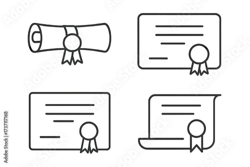 Diploma and certificate line icon set. Vector graduation award and degree symbols. University achievement and qualification concept for web, apps, and infographics design.