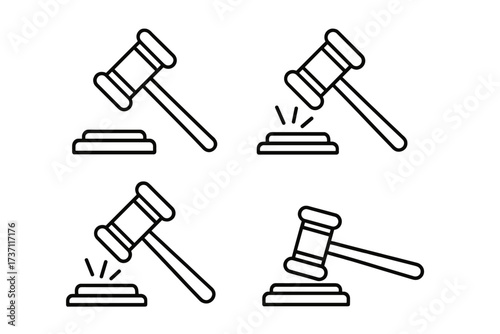 Judge gavel icon set. Line art vector of a judicial hammer and sound block. Metaphor for law, court, and justice. Concept for auction, verdict, judgment, or final decision.