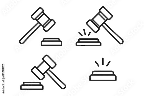 Judge gavel line icon set. Judicial hammer and sound block vector. Concept of law, court, auction, and justice. Legal verdict symbol. Courtroom authority clipart collection.