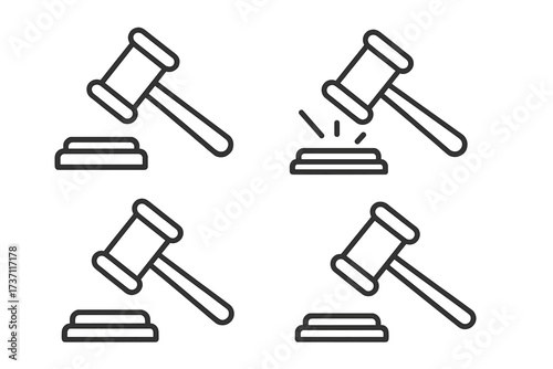 Judge gavel and block line icon set. Court hammer for law, justice, and auction. Editable stroke vector illustration for legal concepts, verdict, sentence, and authority.