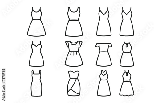 Woman dress line icon set. Fashion garment collection. Vector outline simple icons. Summer, party, cocktail, casual dresses. Apparel symbols for web, app, and print design.