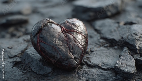 A dark, textured heart rests on jagged gray stones, vascular details visible