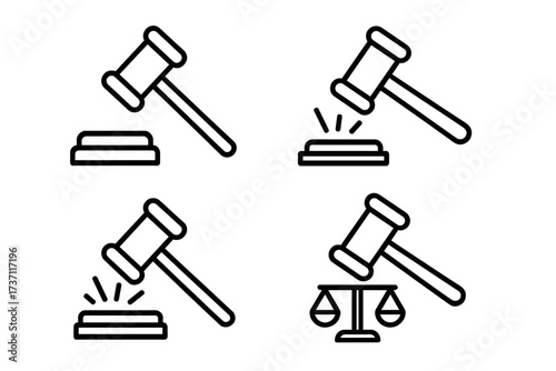 Judge gavel line icon set. Law, justice, court, auction symbol. Hammer, verdict, sentence, legislation, authority, judgment concepts. Scales of justice pictogram collection.