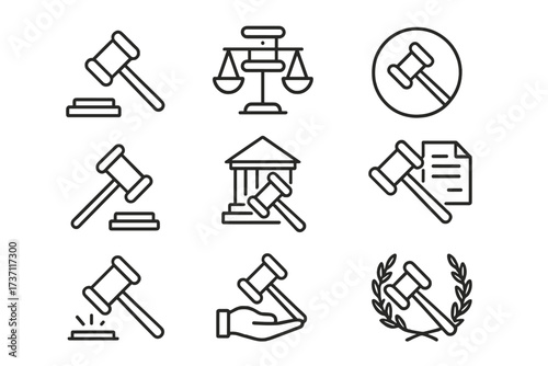 Law and justice icon set. Judge gavel, courthouse, and scales of justice thin line icons. Legal system, auction, and court verdict symbols. Editable stroke vector collection.