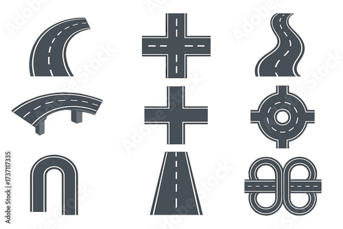 Vector road and highway elements set for map and infographic design. Includes street parts, intersection, roundabout, overpass, bridge, turn, and winding path icon collection.