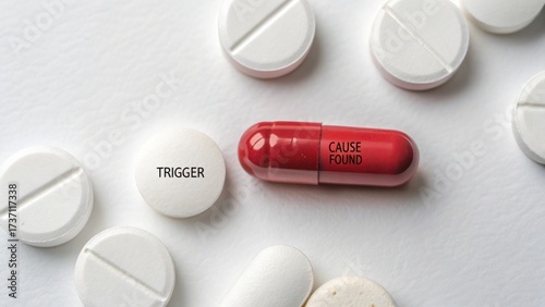 Wallpaper Mural Red capsule labeled "Cause" surrounded by white tablets marked "Trigger" signifies medication themes and health concepts. Torontodigital.ca