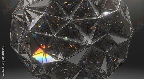 Geometric sphere with a shimmering, reflective, multifaceted surface