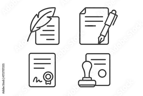 Contract signing concept. Legal document agreement. Signature and seal. Notary stamp for validation. Certificate approval. Law and justice icon set. Vector outline illustration.