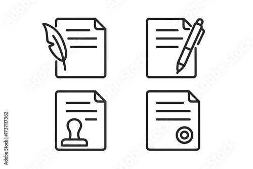 Legal document line icon set. Contract signing, agreement, notary stamp, certified seal. Paperwork, testament, and signature icons. Law and justice vector symbol.