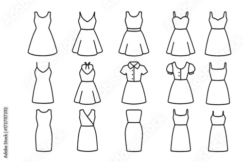 Vector collection of women's dress line icons. Set of outline fashion apparel pictograms for web and apps. Includes various styles like summer, party, and casual dresses.