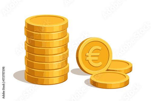 Stack of shiny gold euro coins. Golden cash money pile. Banking, savings, and investment concept. Symbol of wealth, profit, and finance. Vector icon for economy or jackpot.