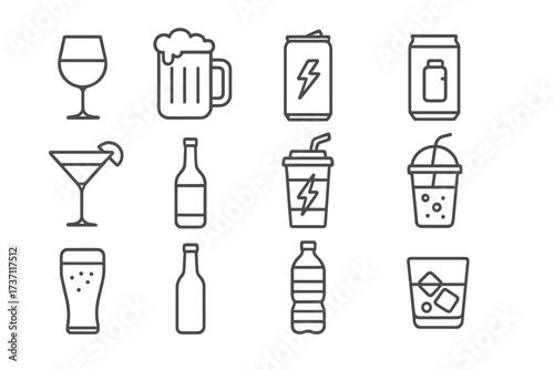 Vector line icons set of drinks. Collection of outline symbols of alcoholic and non-alcoholic beverages. Beer, wine, cocktail, energy drink, soda and water for web design.