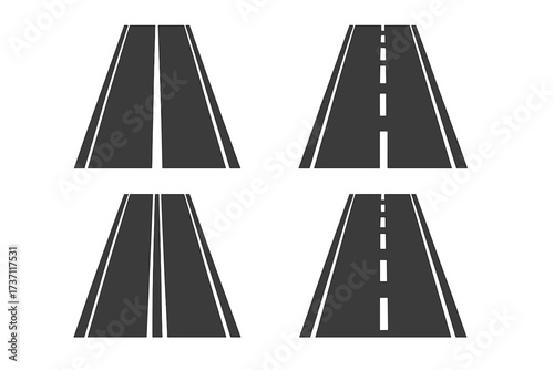 Set of straight roads in perspective. Highway and street vector collection. Asphalt path with different white markings for journey, transport or traffic concept illustrations.