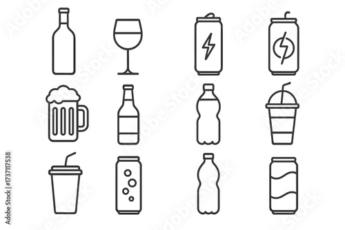 Vector line icon set of drinks. Collection of outline symbols of alcoholic and non-alcoholic beverages. Beer, wine, soda, energy drink and water icons for web and mobile apps.