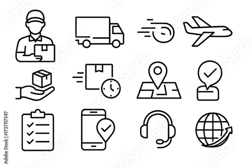 Delivery and logistics line icon set. Thin line vector symbols for e-commerce, courier service, express shipping, order tracking, customer support, and global transportation.