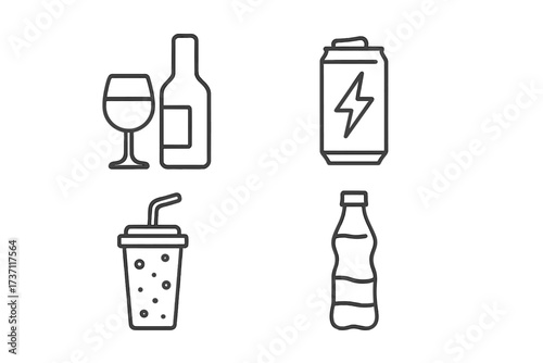 Drink and beverage icon set. Line art collection of alcoholic and non-alcoholic drinks. Wine bottle, glass, energy drink can, soda cup and bottle symbols for web and apps.
