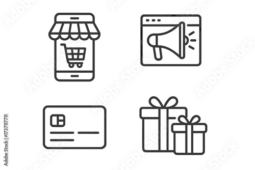 E-commerce icon set for online shopping. Vector line icons for mobile store, digital marketing, credit card payment, and gift bonus. Web UI elements for business apps.