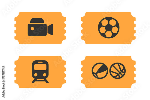 Ticket icon vector illustration set in flat style. Ticket stub isolated collection for cinema, movies, football, basketball, and train travel. Admission pass for events and sports.