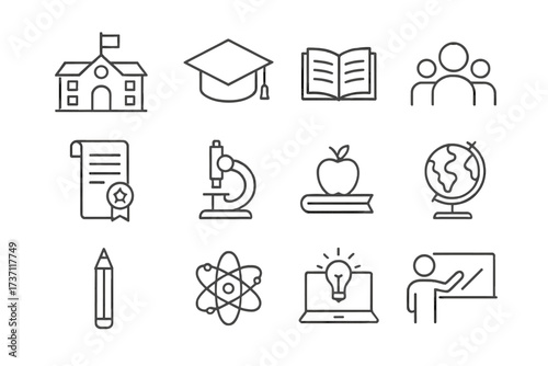 Education and learning line icon set. School, university, and science symbols. Graduation, e-learning, knowledge, and study concepts for web and mobile. Vector pictogram.