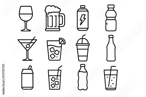 Drink and beverage icon set. Thin line art vector collection of alcoholic and soft drinks, cocktails, beer, wine, soda, energy drink, juice and water for web and apps.