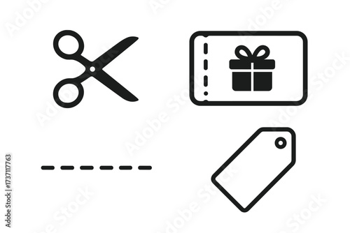 Set of coupon and scissors vector icons. Dashed cut line, gift voucher, and sale tag graphic elements. Template for shopping discount, promotional code, and special offer.