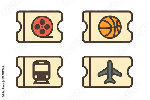 Ticket icon set vector illustration. Flat style ticket stubs for cinema, movie, basketball, train, airplane. Admission pass for travel, transport, entertainment event. Isolated.