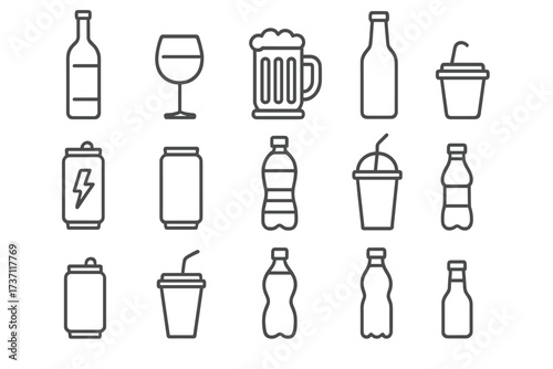 Beverage and drink icon set. Thin line vector symbols. Collection of alcohol, beer, wine, soda, energy drink, juice, and water icons. Bottle, can, glass, cup outline pictograms.