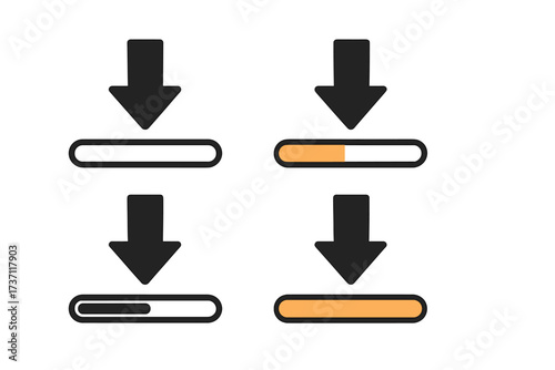 Set of download icons with progress bar. Loading status indicator collection. Vector illustration for web, app, UI, UX design. File transfer, upload, download complete.