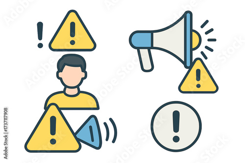 Warning alert icon set. Important user notification and public announcement symbols. Megaphone for broadcasting a message. Danger, caution, or error sign. Exclamation mark concept.