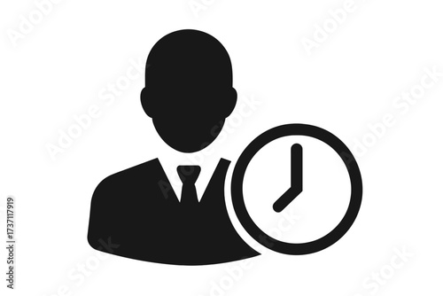 Businessman silhouette with clock icon, time management concept, professional user symbol, corporate person flat style vector illustration for web design, logo, UI, app