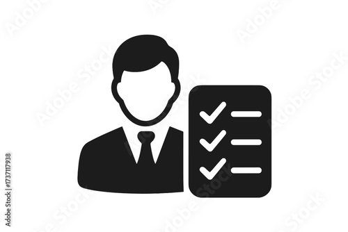 Businessman icon with checklist and minus symbol, professional user avatar, flat style vector illustration for web design, app UI, logo, isolated on white background