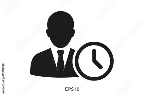 Businessman silhouette with clock icon, concept of time management, punctuality, schedule, professional corporate person, work efficiency, office employee, vector illustration