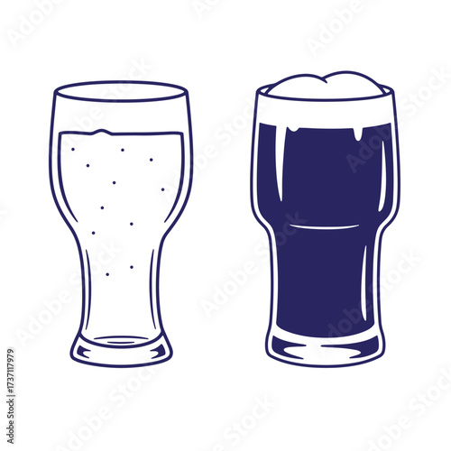 Vector illustration of two beer glasses one light and one dark on a white background