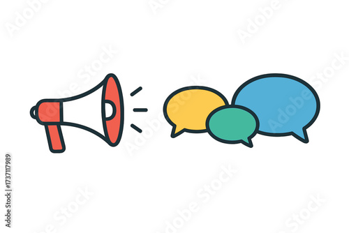 Flat vector illustration of a megaphone with speech bubbles. Communication, announcement, and marketing concept. Symbol for news, advertising, promotion, propaganda, and alert.