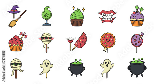 halloween treats and sweets festive halloween themed cupcakes candies and sweets displayed as fun halloween party decorations and holiday treats.